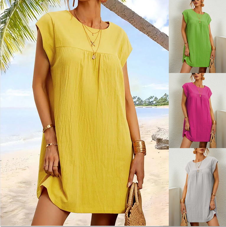 2024 Women’s Summer Sleeveless Round Neck Solid Color Cotton and Linen Dress