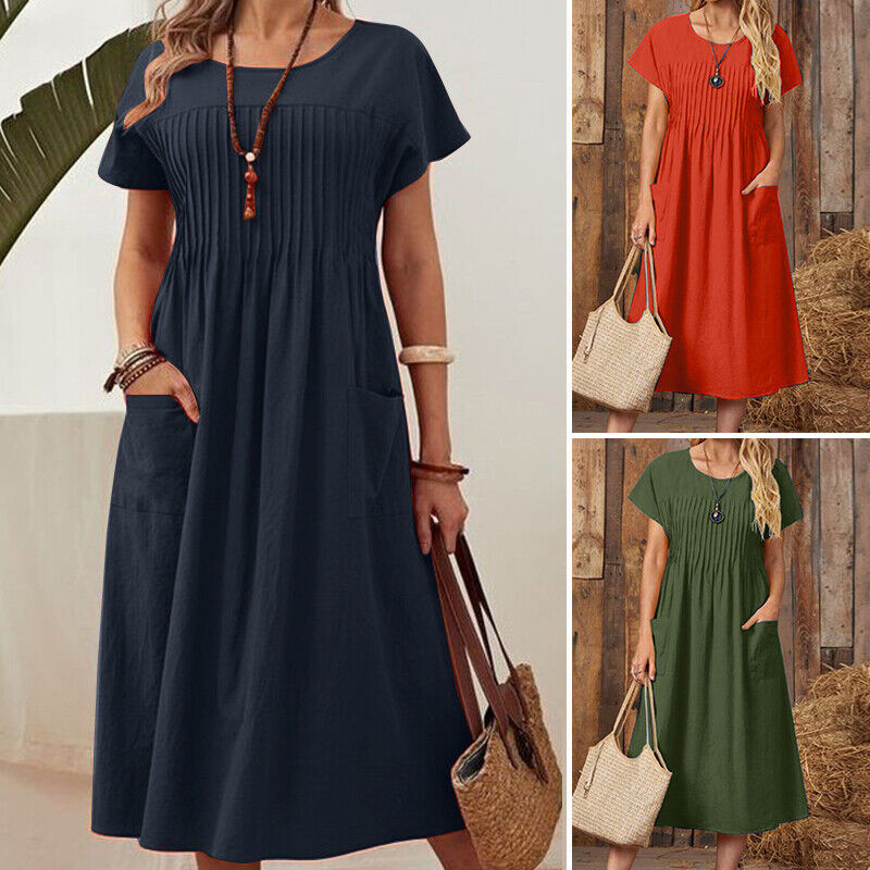 2024 spring and summer women's long skirt new round neck pocket pleated short-sleeved cotton and linen dress