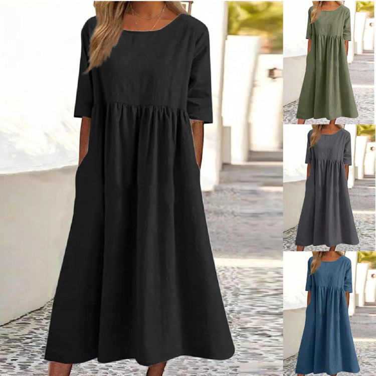 2024 spring and summer new round neck 5-quarter sleeve large size loose long cotton and linen dress