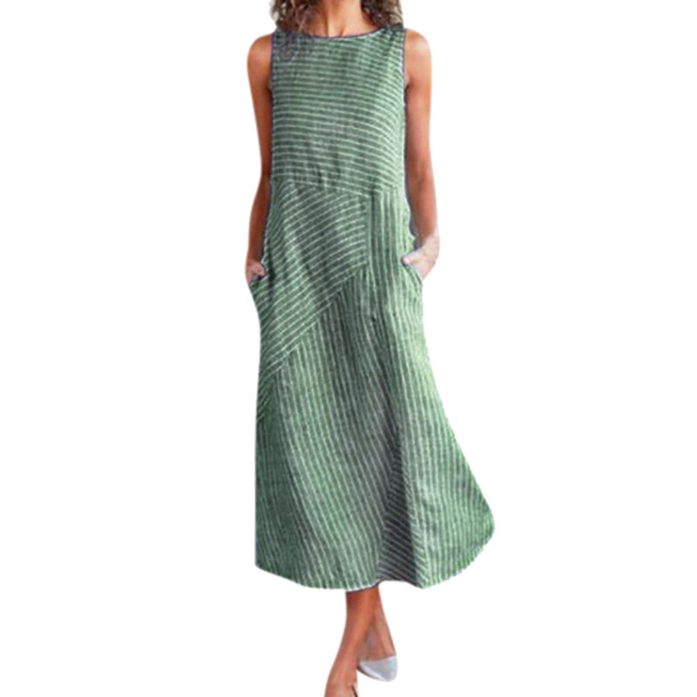 2024 Women's Spring and Summer Striped Round Neck Sleeveless Large Size Slim Dress