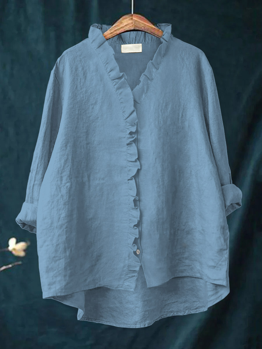 Casual Cotton Linen Plus Size Ruffle Shirt