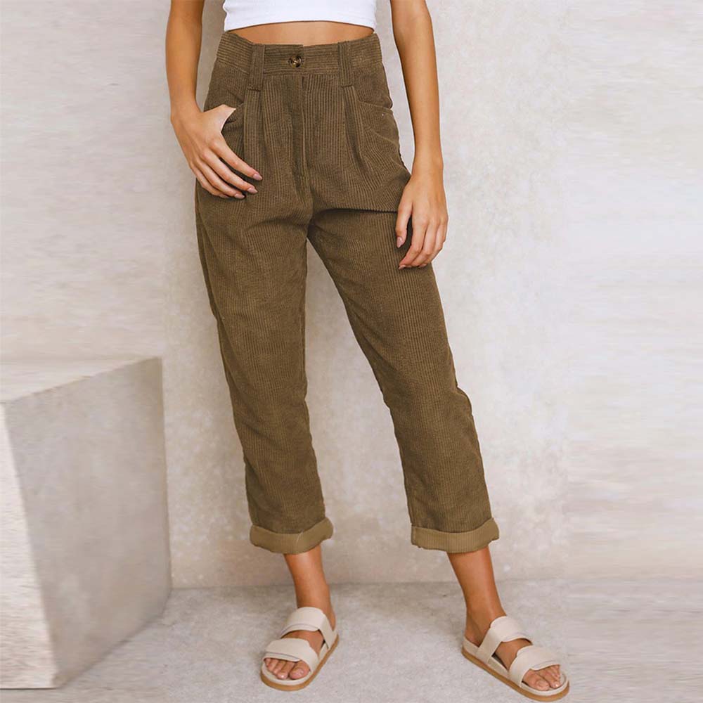 Grattlamm™ Ny stil kvinnors hög midja enfärgad manchester byxor med raka ben