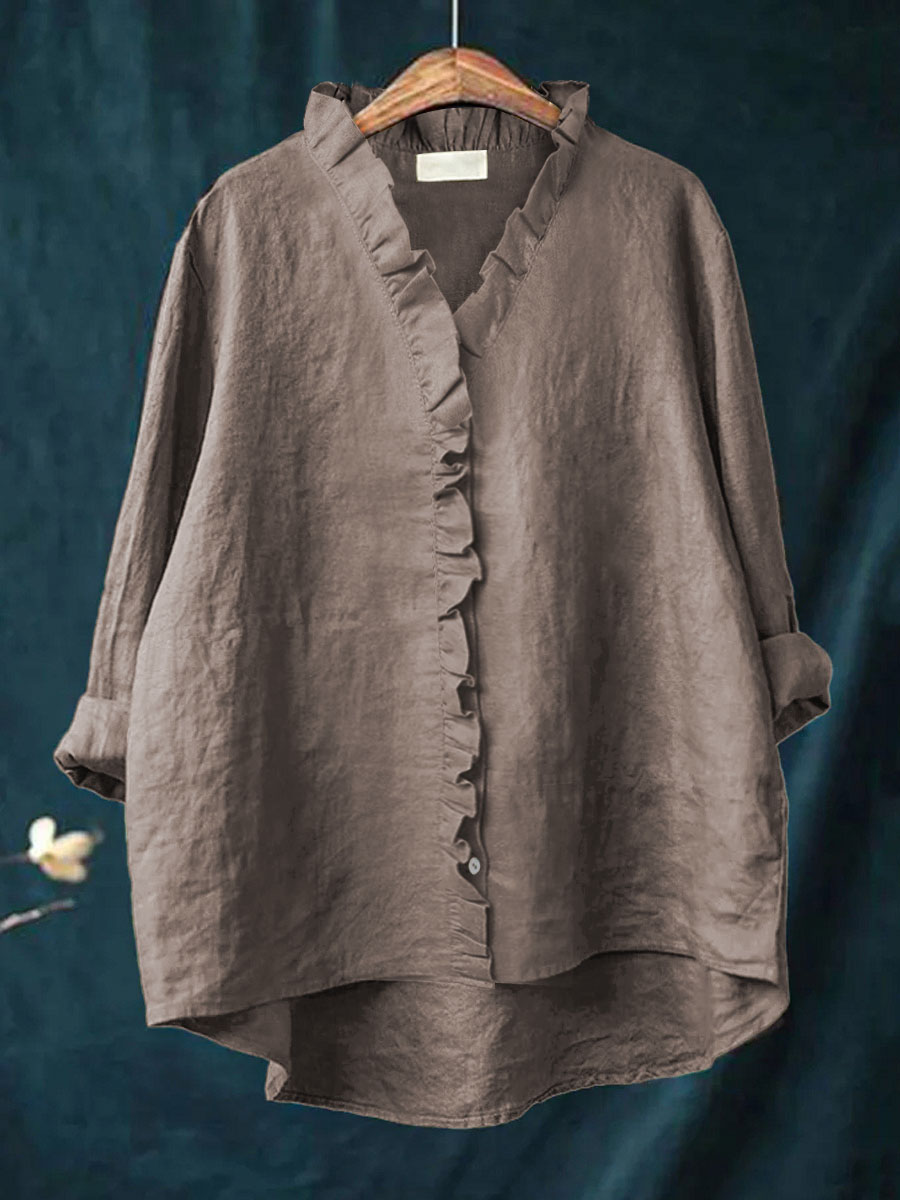 Casual Cotton Linen Plus Size Ruffle Shirt