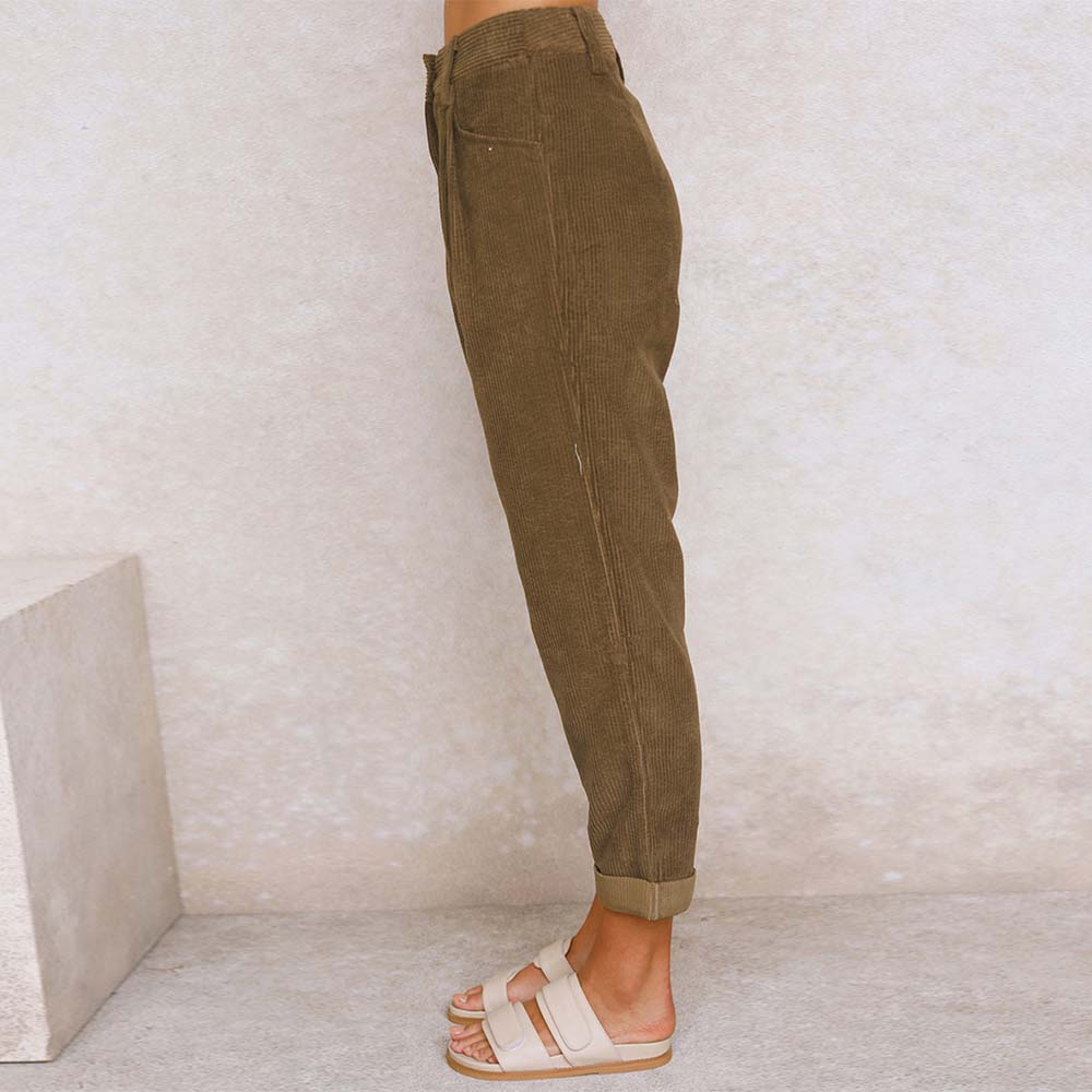 Grattlamm™ Ny stil kvinnors hög midja enfärgad manchester byxor med raka ben