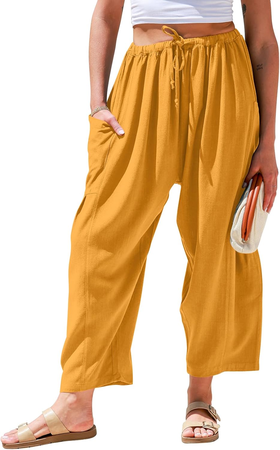 Women’s Linen Wide Leg Pants Casual Loose Drawstring with Pockets