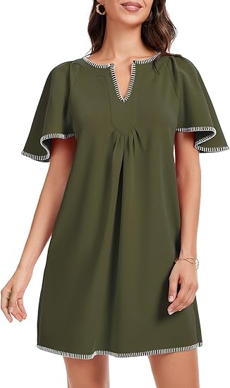 Casual Ruffled A-line Contrast Color V-neck Pocket Skirt