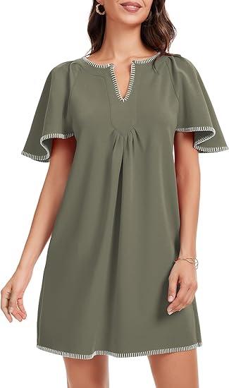 Casual Ruffled A-line Contrast Color V-neck Pocket Skirt