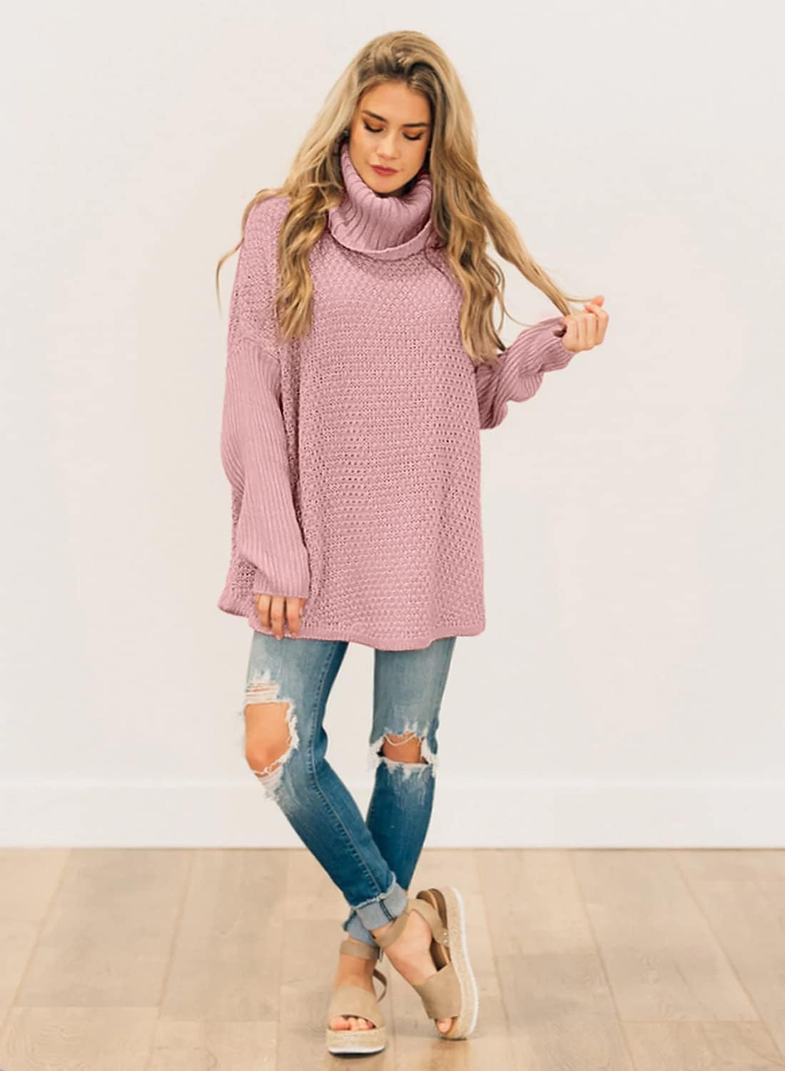 Women's Oversized Turtleneck Long Sleeve Casual Pullover Knit Tunic Sweater