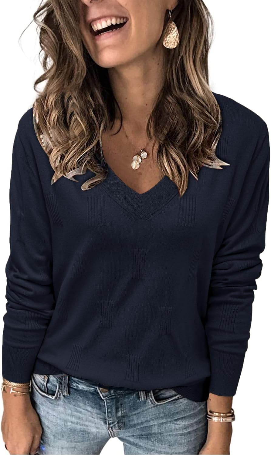 Women's Soft V Neck Long Sleeve Fall Casual Regular Fit Sweater Tops
