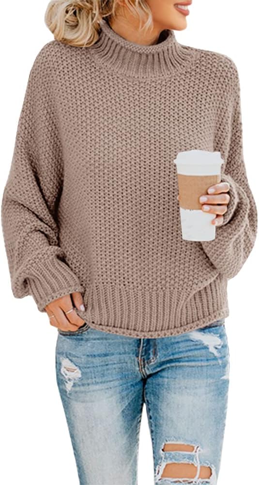Women's Turtleneck Oversized Sweater Batwing Sleeve Loose Chunky Knit Pullover