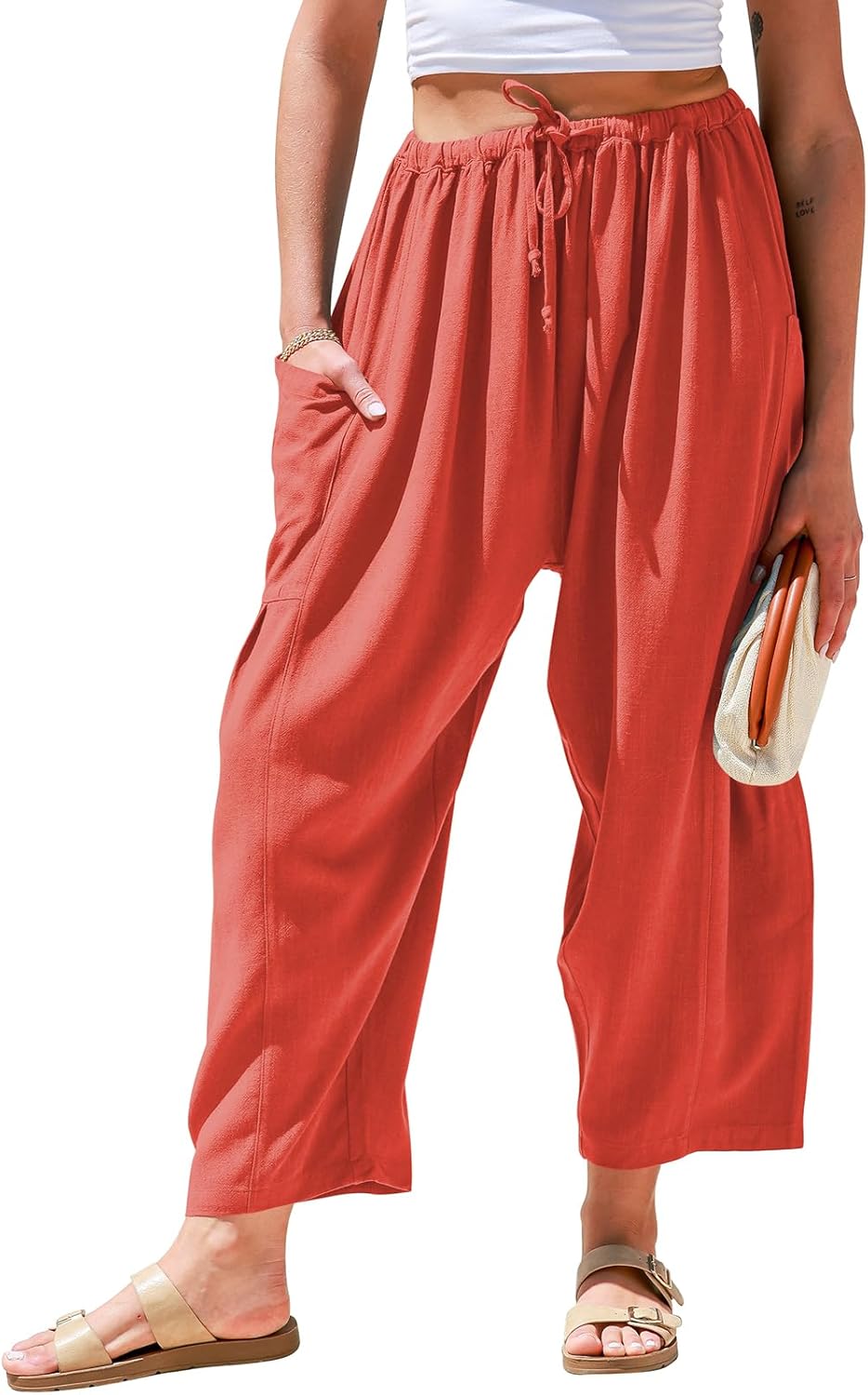 Women’s Linen Wide Leg Pants Casual Loose Drawstring with Pockets