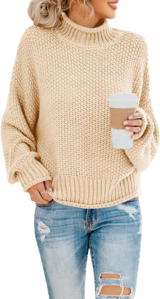 Women's Turtleneck Oversized Sweater Batwing Sleeve Loose Chunky Knit Pullover