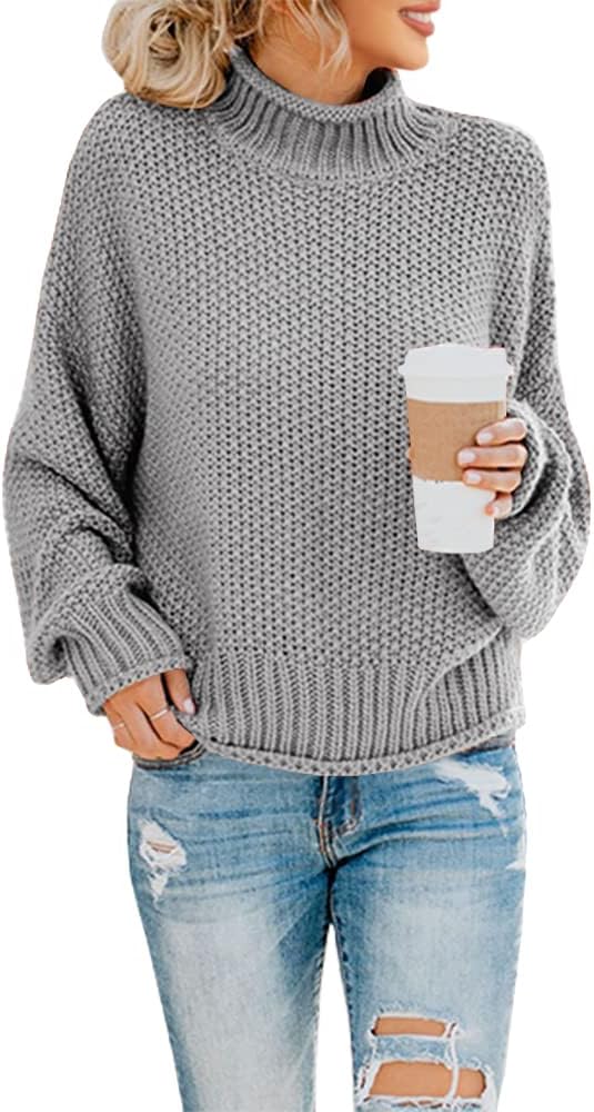 Women's Turtleneck Oversized Sweater Batwing Sleeve Loose Chunky Knit Pullover