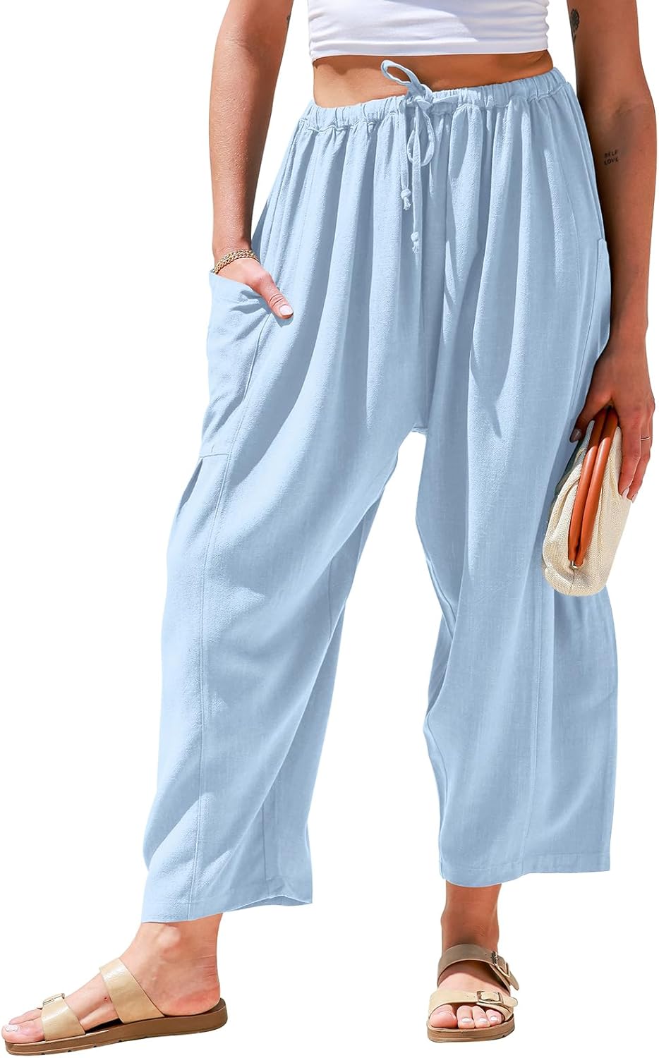 Women’s Linen Wide Leg Pants Casual Loose Drawstring with Pockets