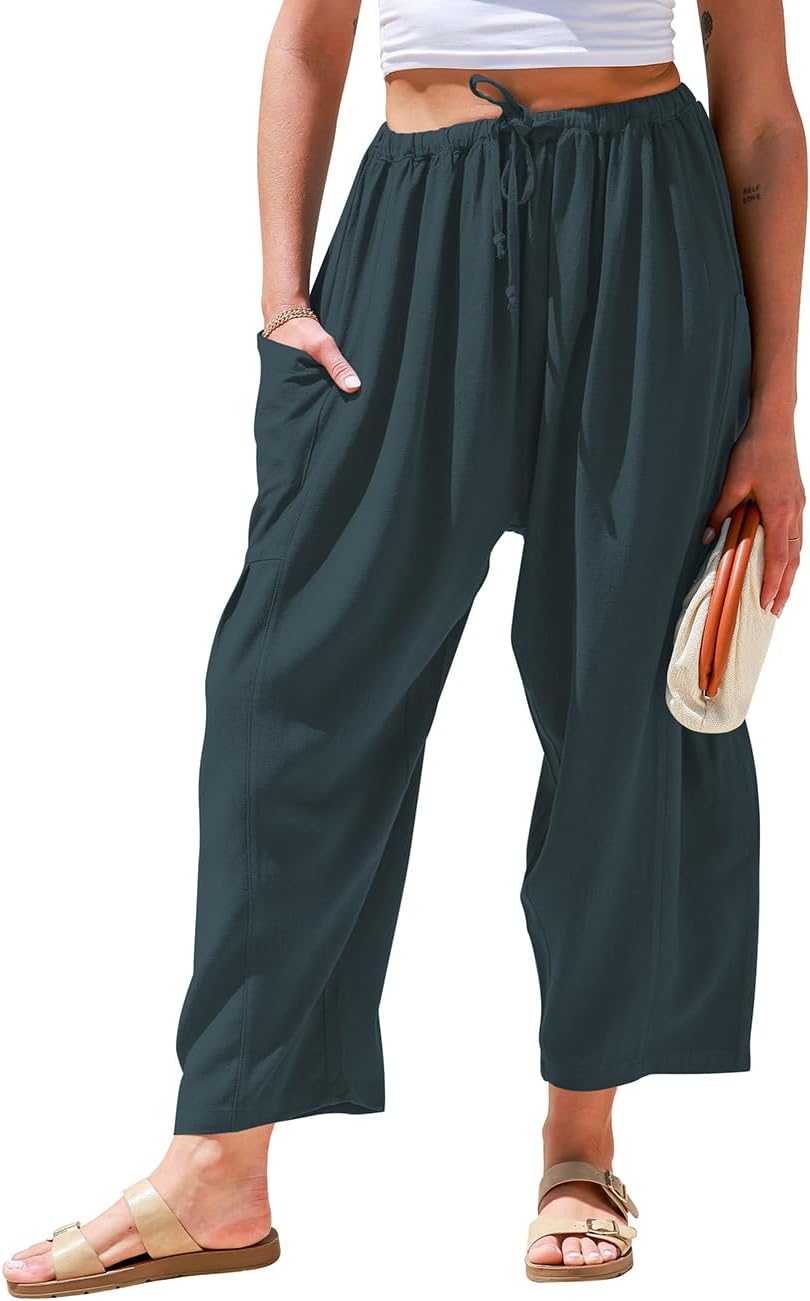 Women’s Linen Wide Leg Pants Casual Loose Drawstring with Pockets