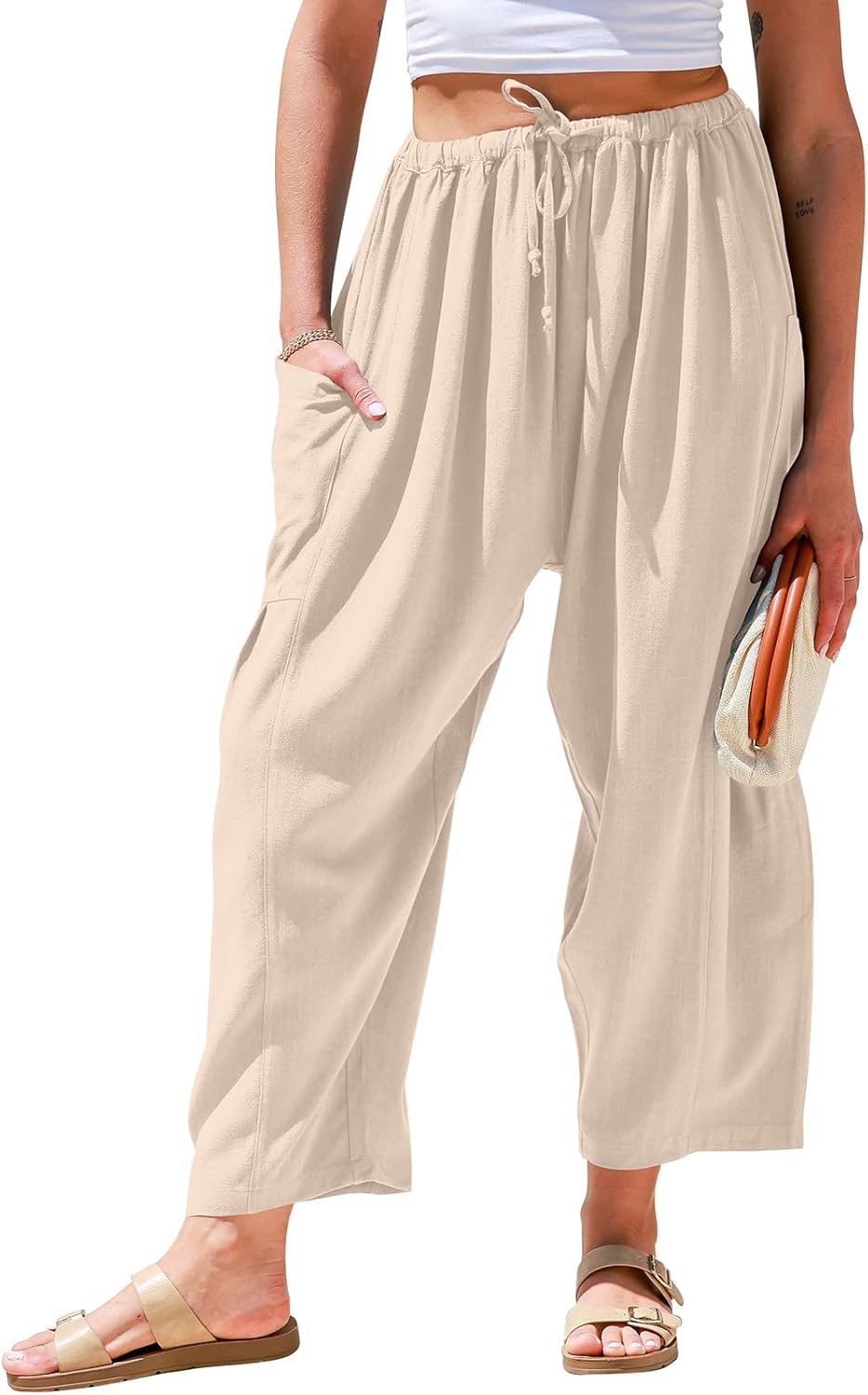 Women’s Linen Wide Leg Pants Casual Loose Drawstring with Pockets