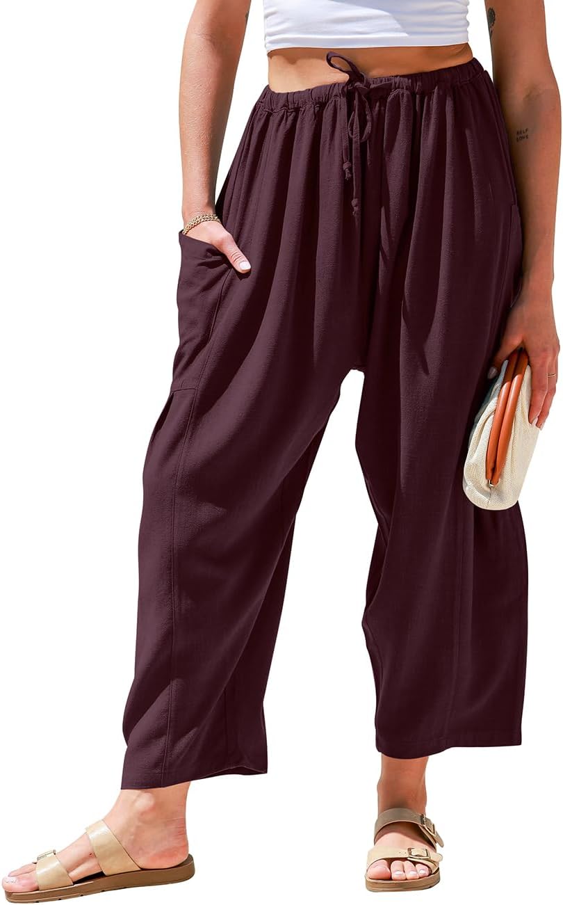 Women’s Linen Wide Leg Pants Casual Loose Drawstring with Pockets