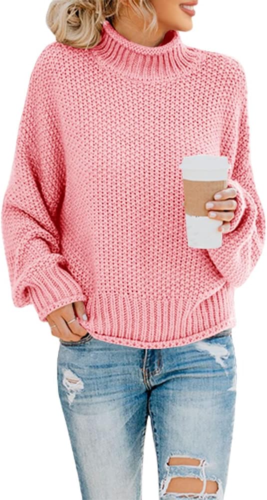 Women's Turtleneck Oversized Sweater Batwing Sleeve Loose Chunky Knit Pullover