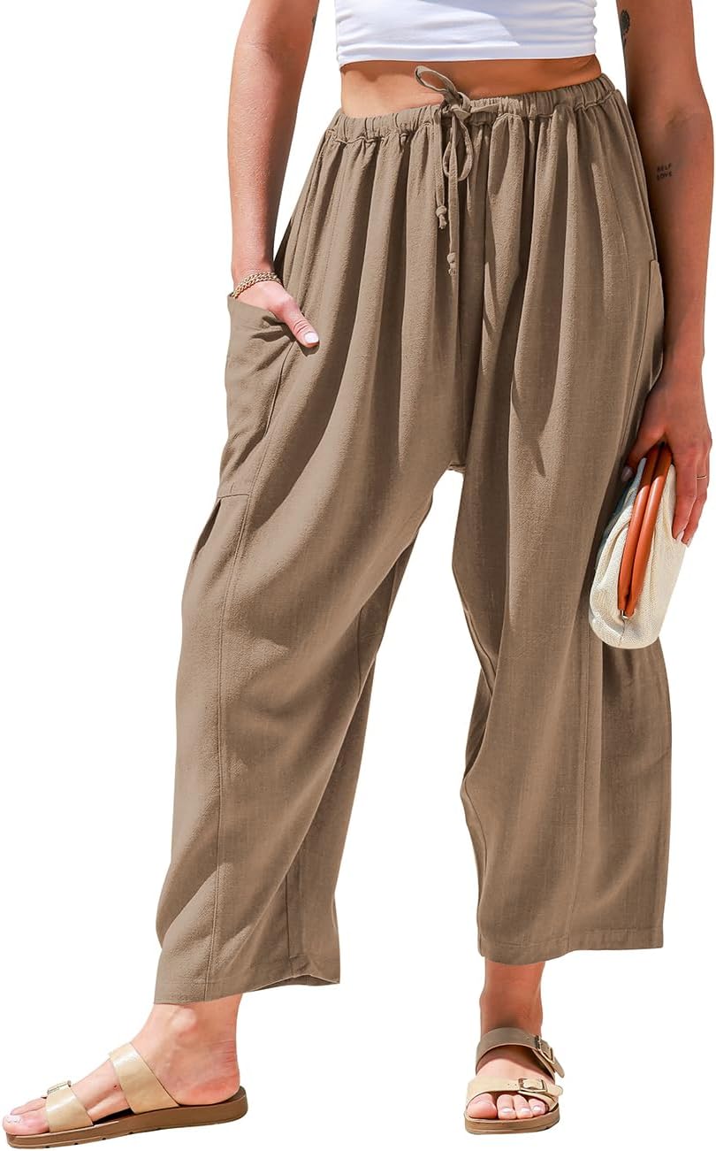 Women’s Linen Wide Leg Pants Casual Loose Drawstring with Pockets