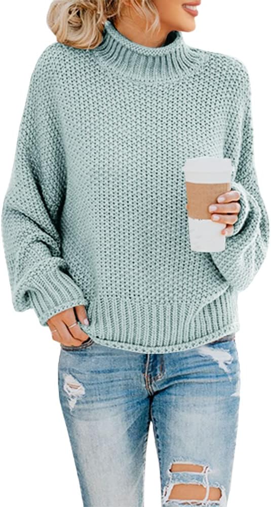 Women's Turtleneck Oversized Sweater Batwing Sleeve Loose Chunky Knit Pullover