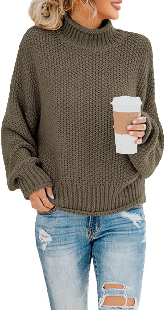 Women's Turtleneck Oversized Sweater Batwing Sleeve Loose Chunky Knit Pullover