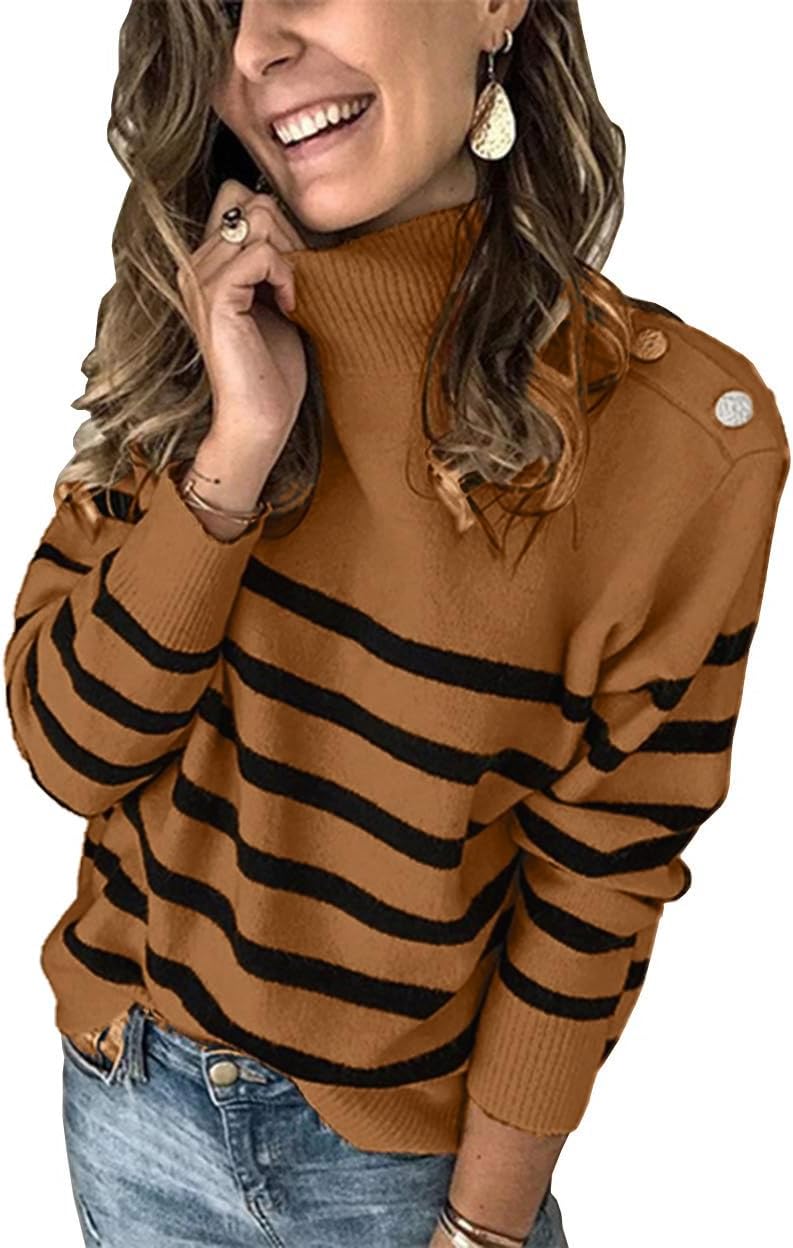 2025 Long Sleeve Metal Button Striped Turtleneck Sweater