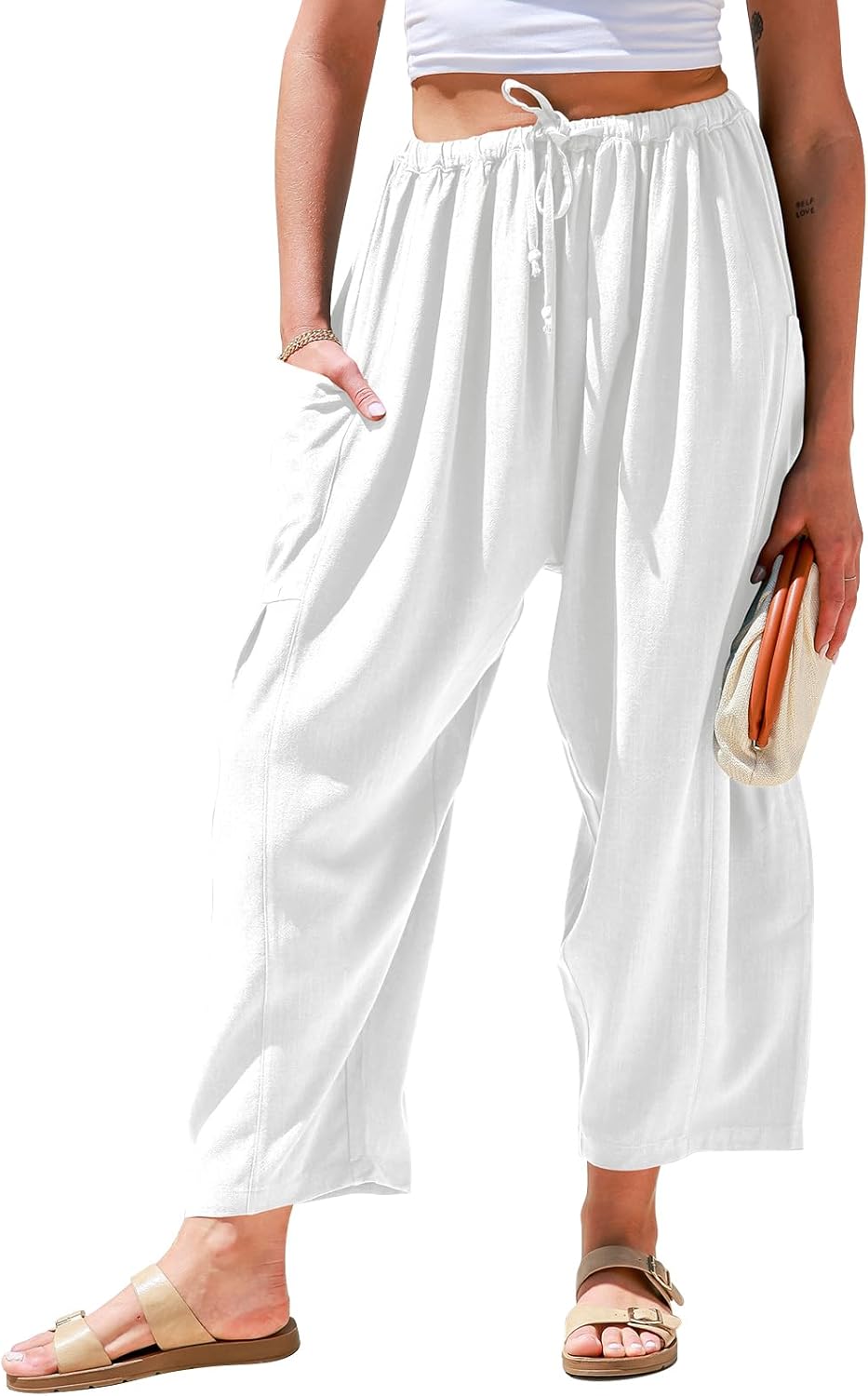 Women’s Linen Wide Leg Pants Casual Loose Drawstring with Pockets