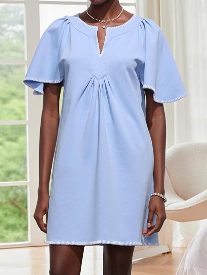 Casual Ruffled A-line Contrast Color V-neck Pocket Skirt