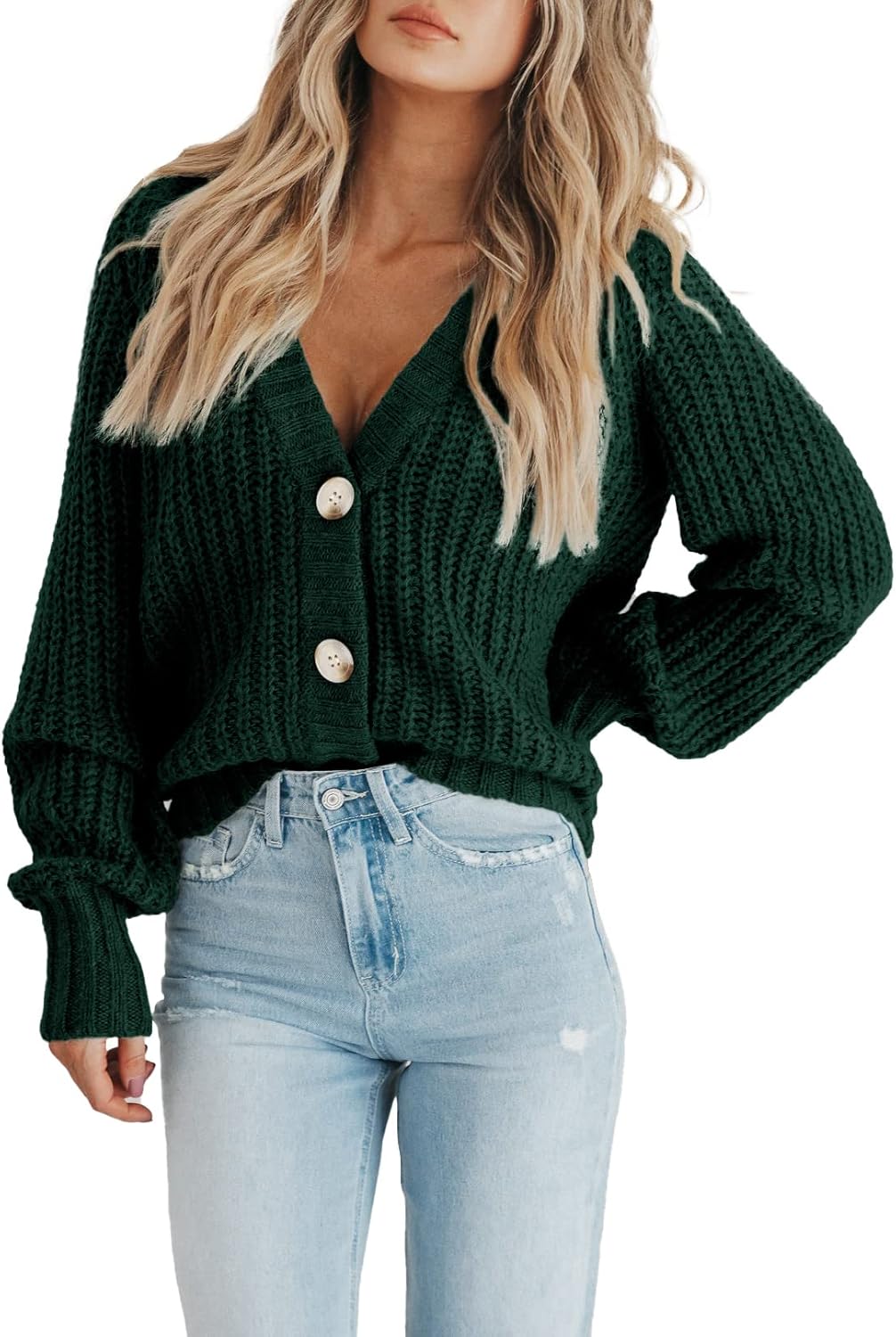Women's Chunky Knit Cardigan Sweater Long Sleeve Button Loose Cardigan Jacket