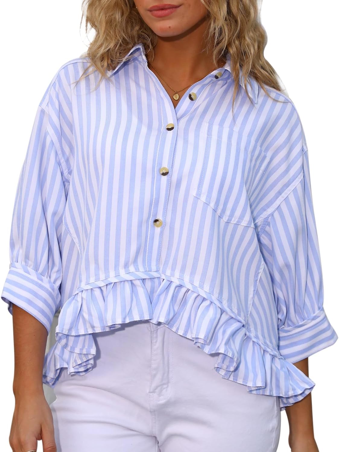 Ruffled Short Sleeve Button Down Striped Shirt