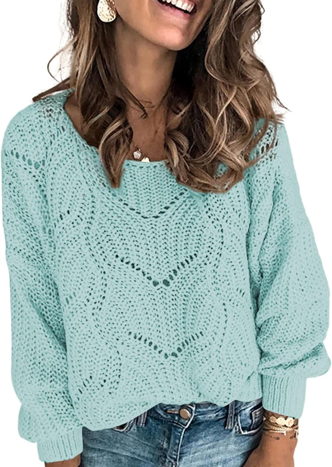 2025 Crew Neck Long Sleeve Hollow Cable Knit Sweater