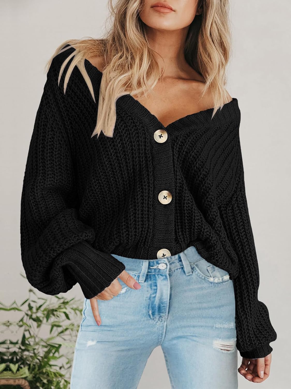 Women's Chunky Knit Cardigan Sweater Long Sleeve Button Loose Cardigan Jacket