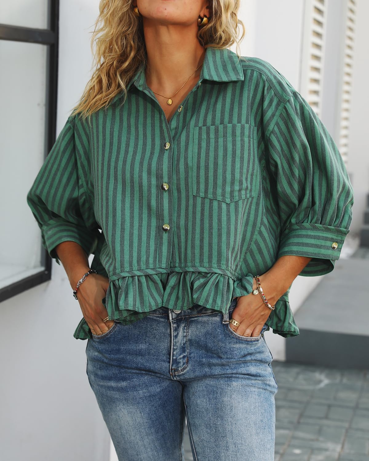 Ruffled Short Sleeve Button Down Striped Shirt