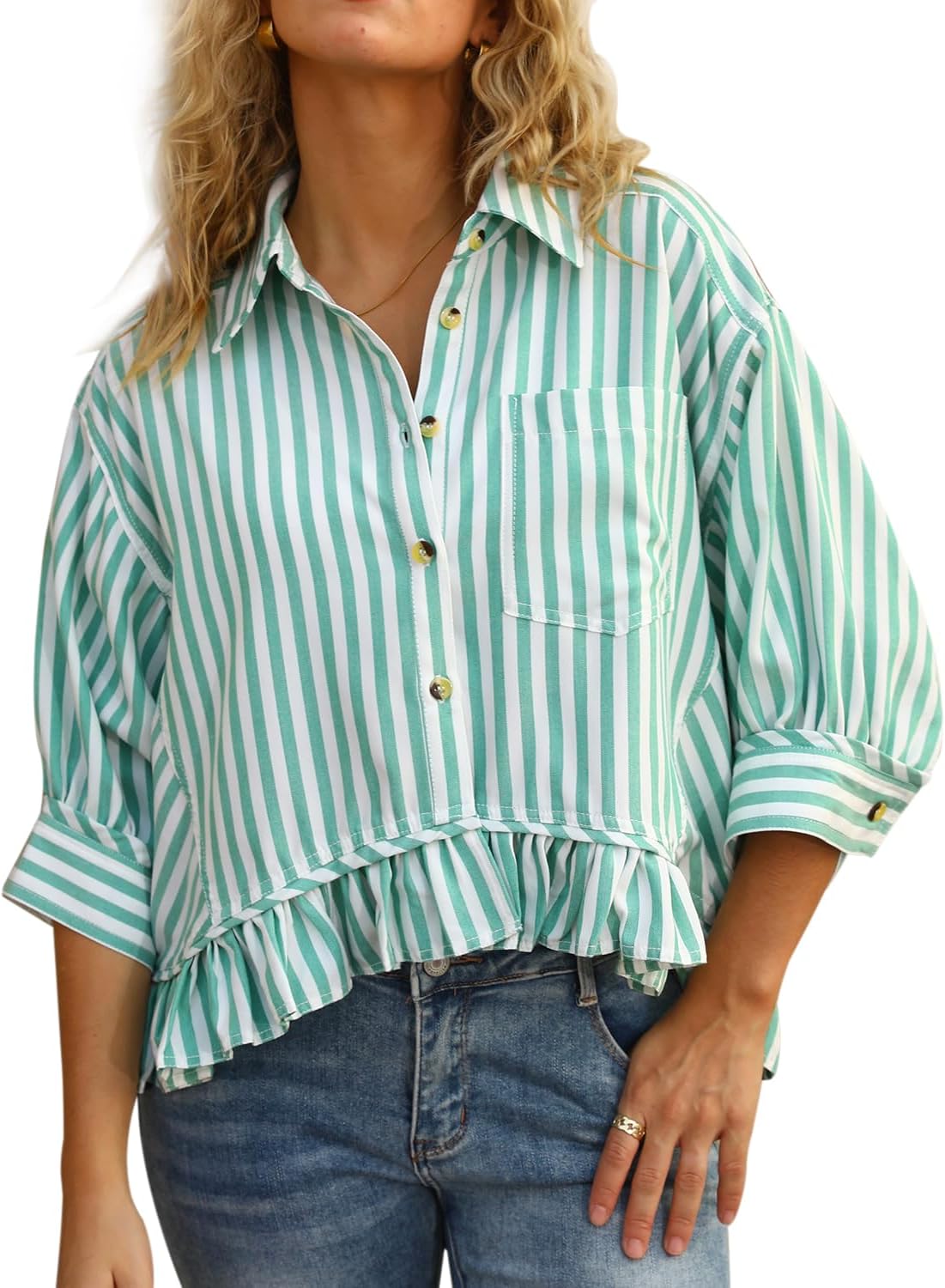 Ruffled Short Sleeve Button Down Striped Shirt