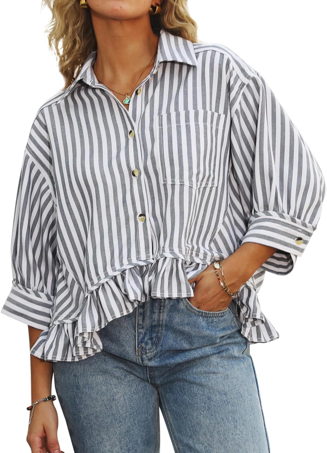 Ruffled Short Sleeve Button Down Striped Shirt