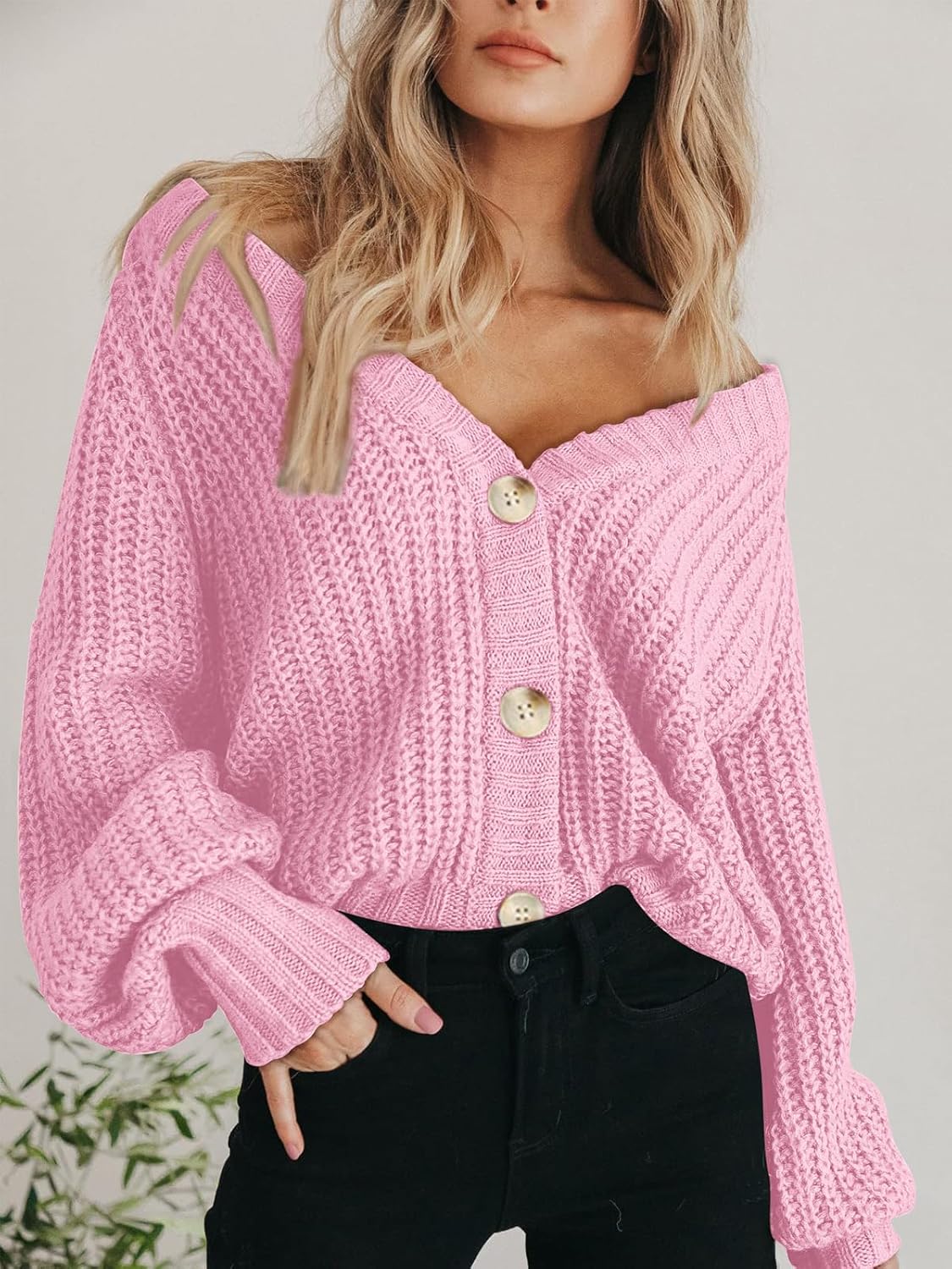 Women's Chunky Knit Cardigan Sweater Long Sleeve Button Loose Cardigan Jacket