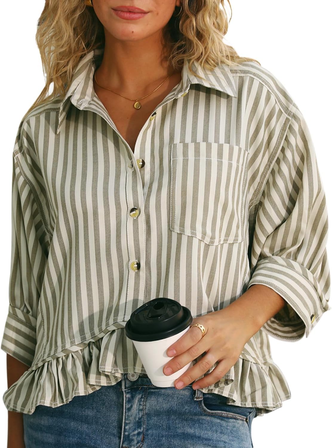Ruffled Short Sleeve Button Down Striped Shirt