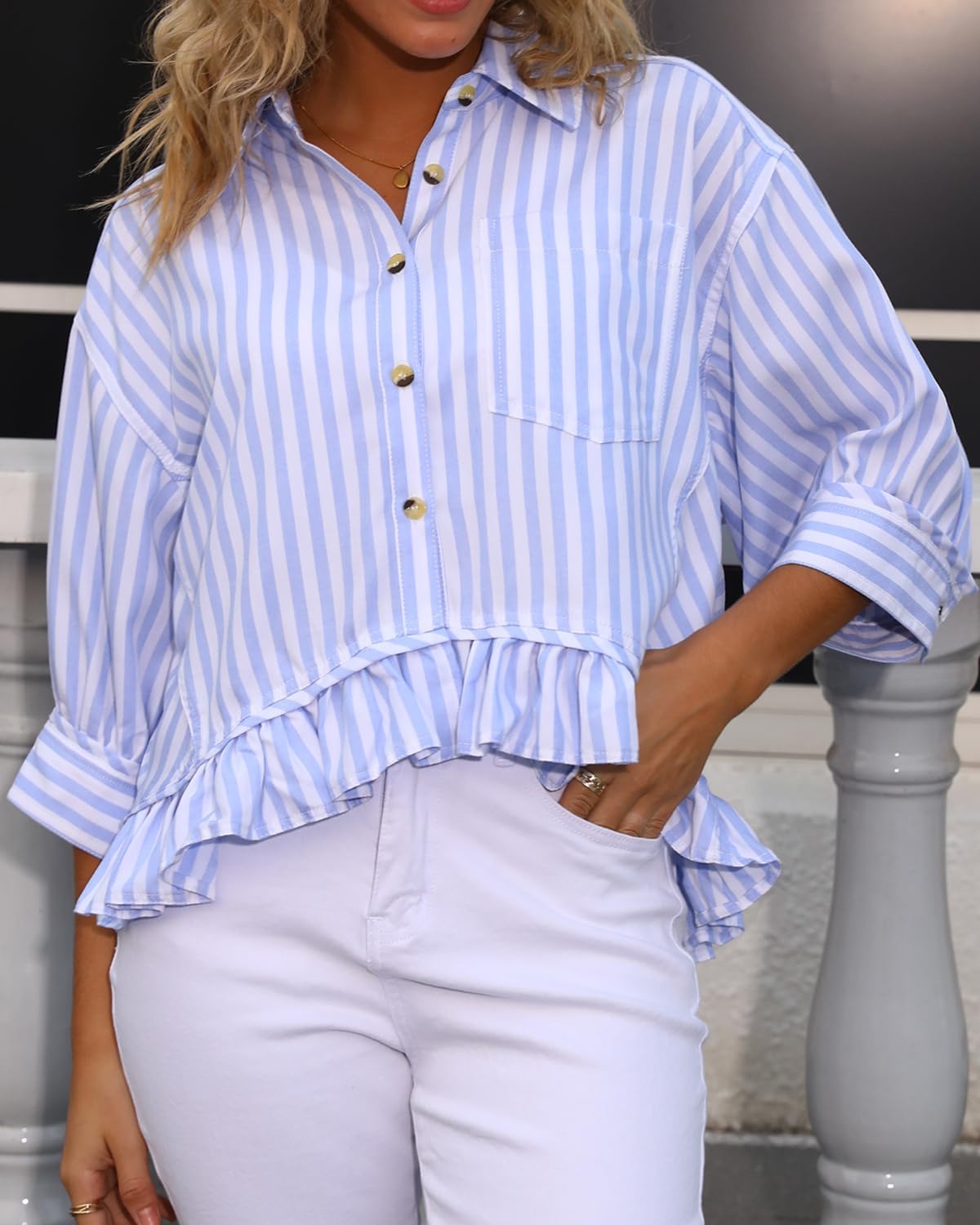 Ruffled Short Sleeve Button Down Striped Shirt