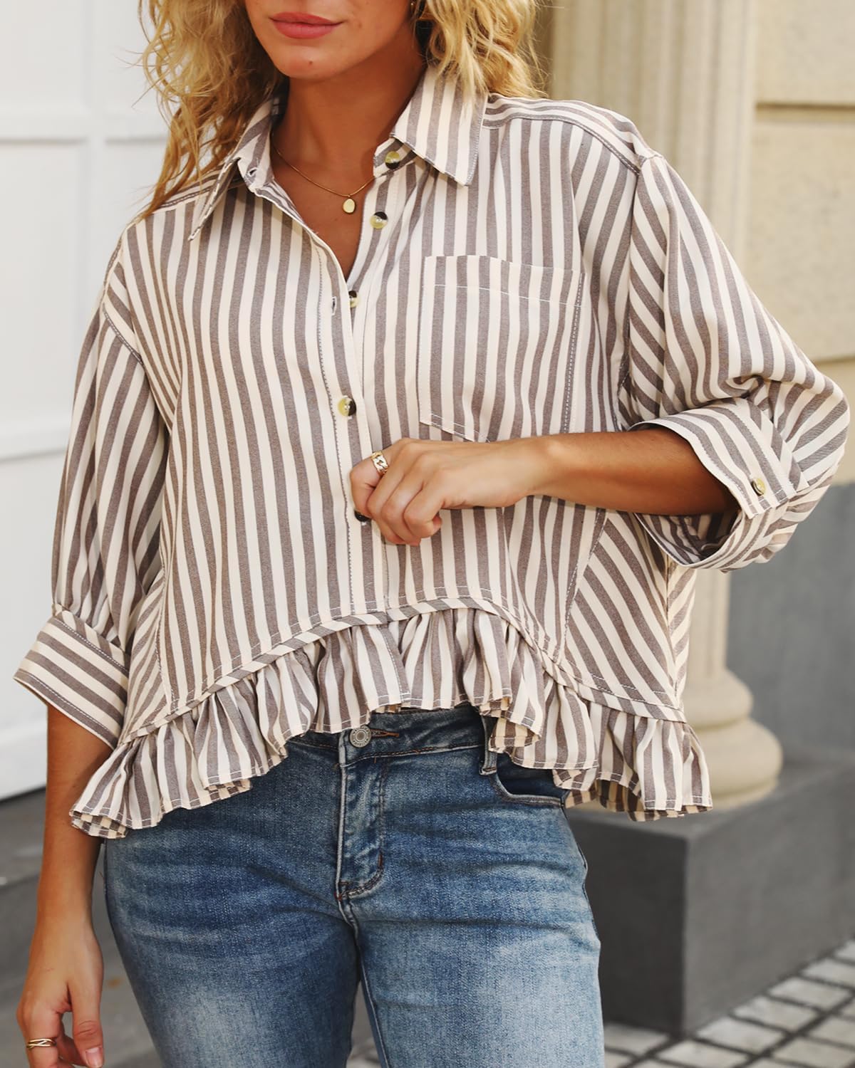 Ruffled Short Sleeve Button Down Striped Shirt