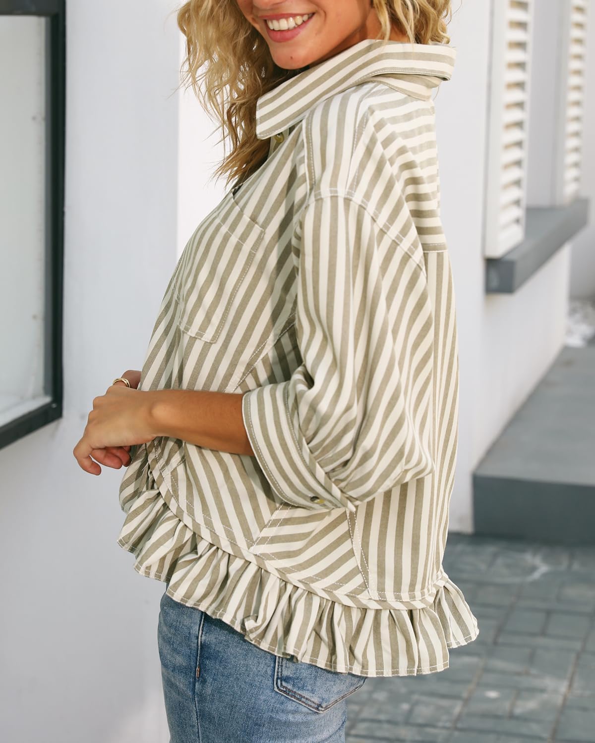 Ruffled Short Sleeve Button Down Striped Shirt