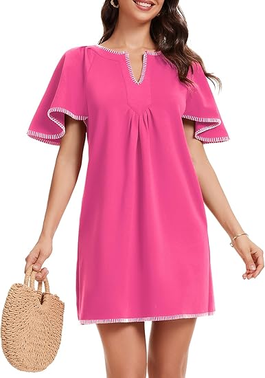 Casual Ruffled A-line Contrast Color V-neck Pocket Skirt