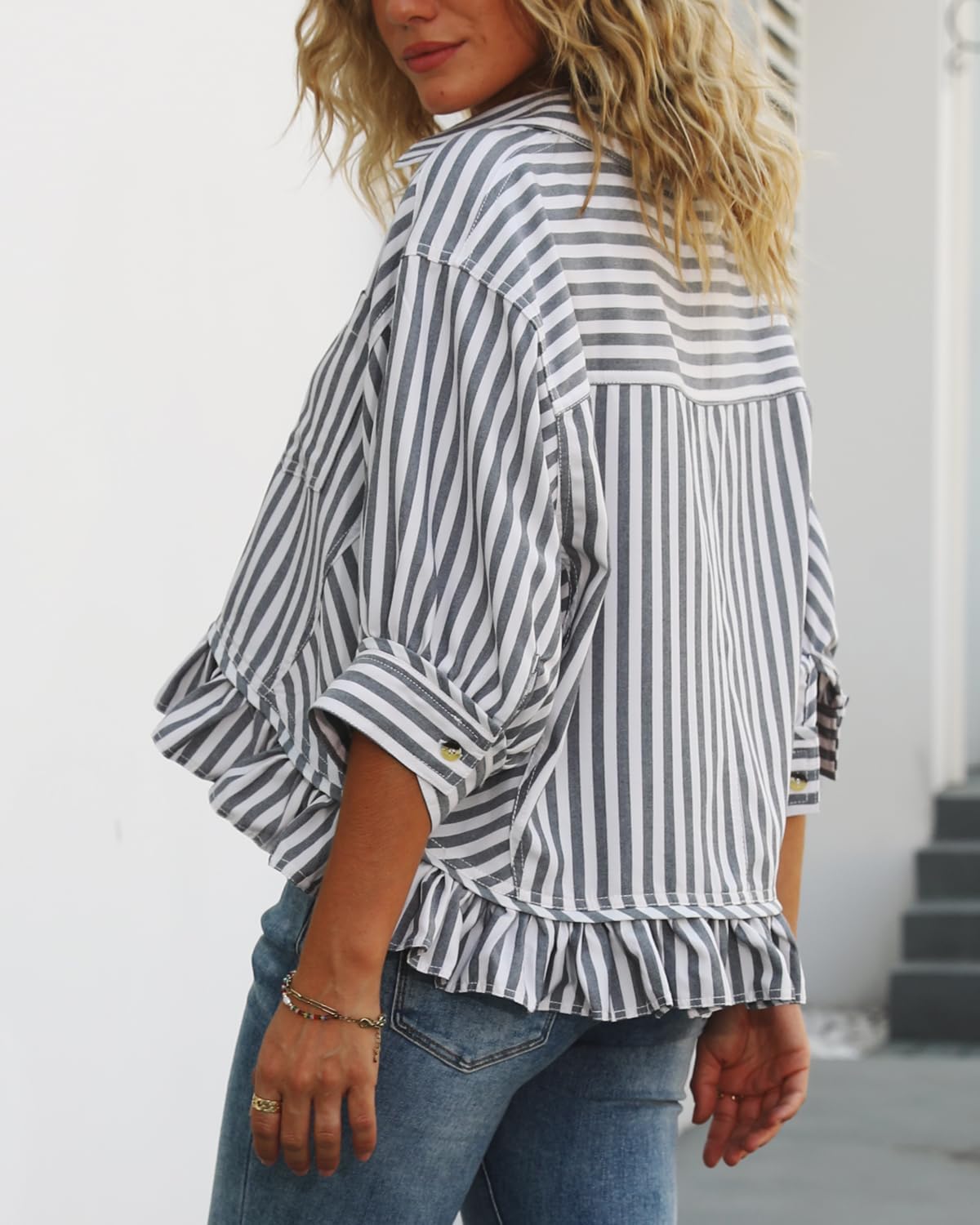 Ruffled Short Sleeve Button Down Striped Shirt