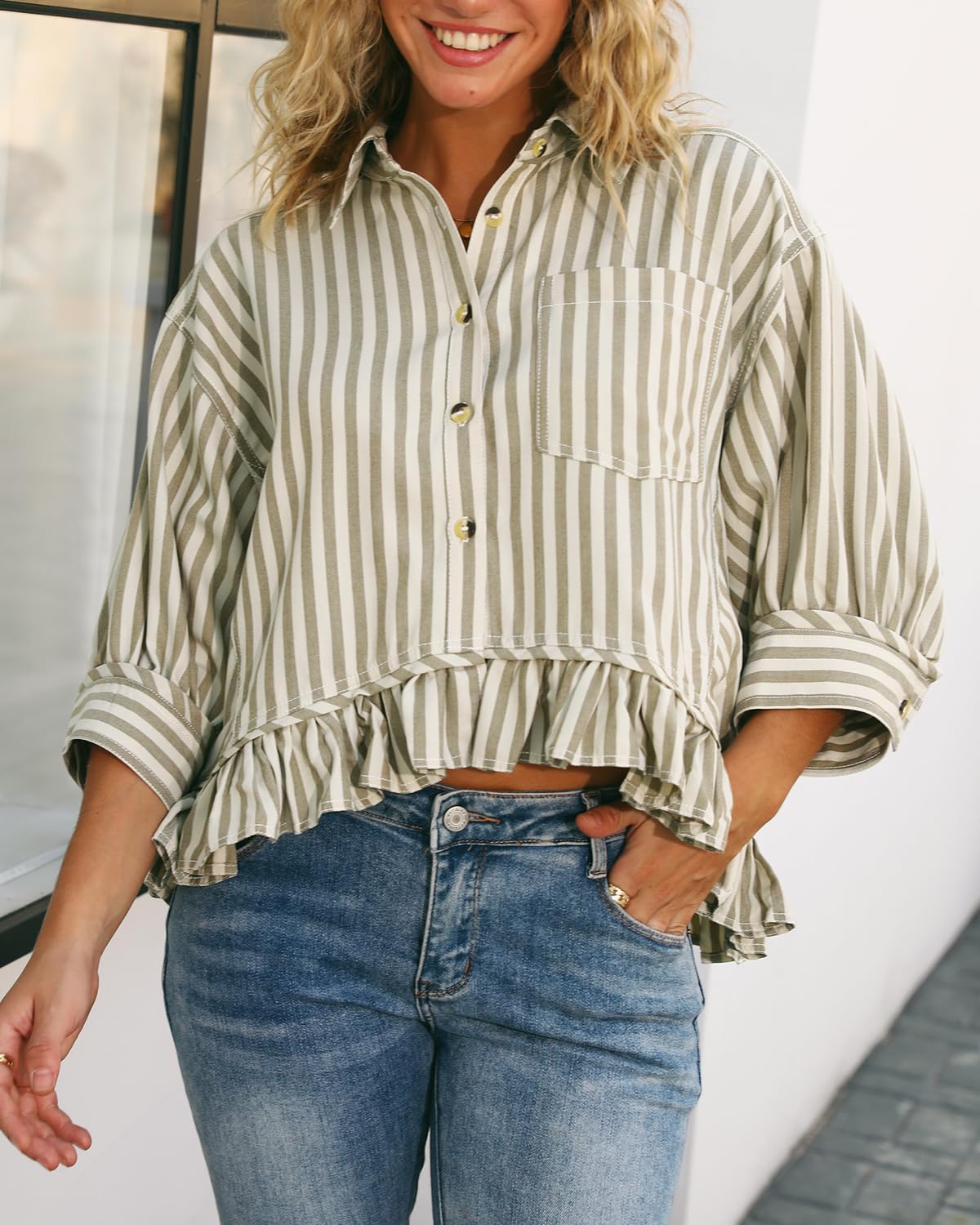 Ruffled Short Sleeve Button Down Striped Shirt