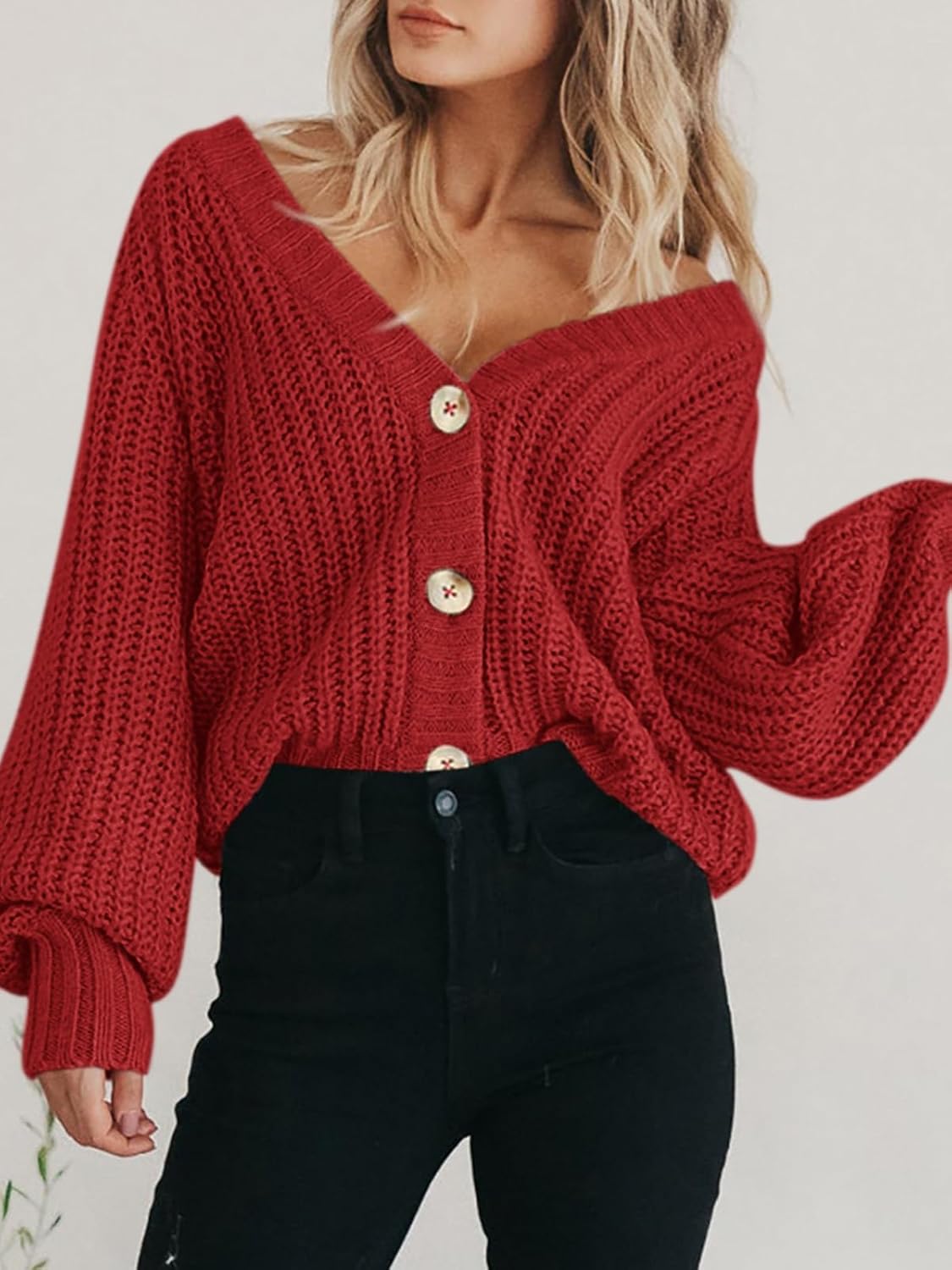 Women's Chunky Knit Cardigan Sweater Long Sleeve Button Loose Cardigan Jacket