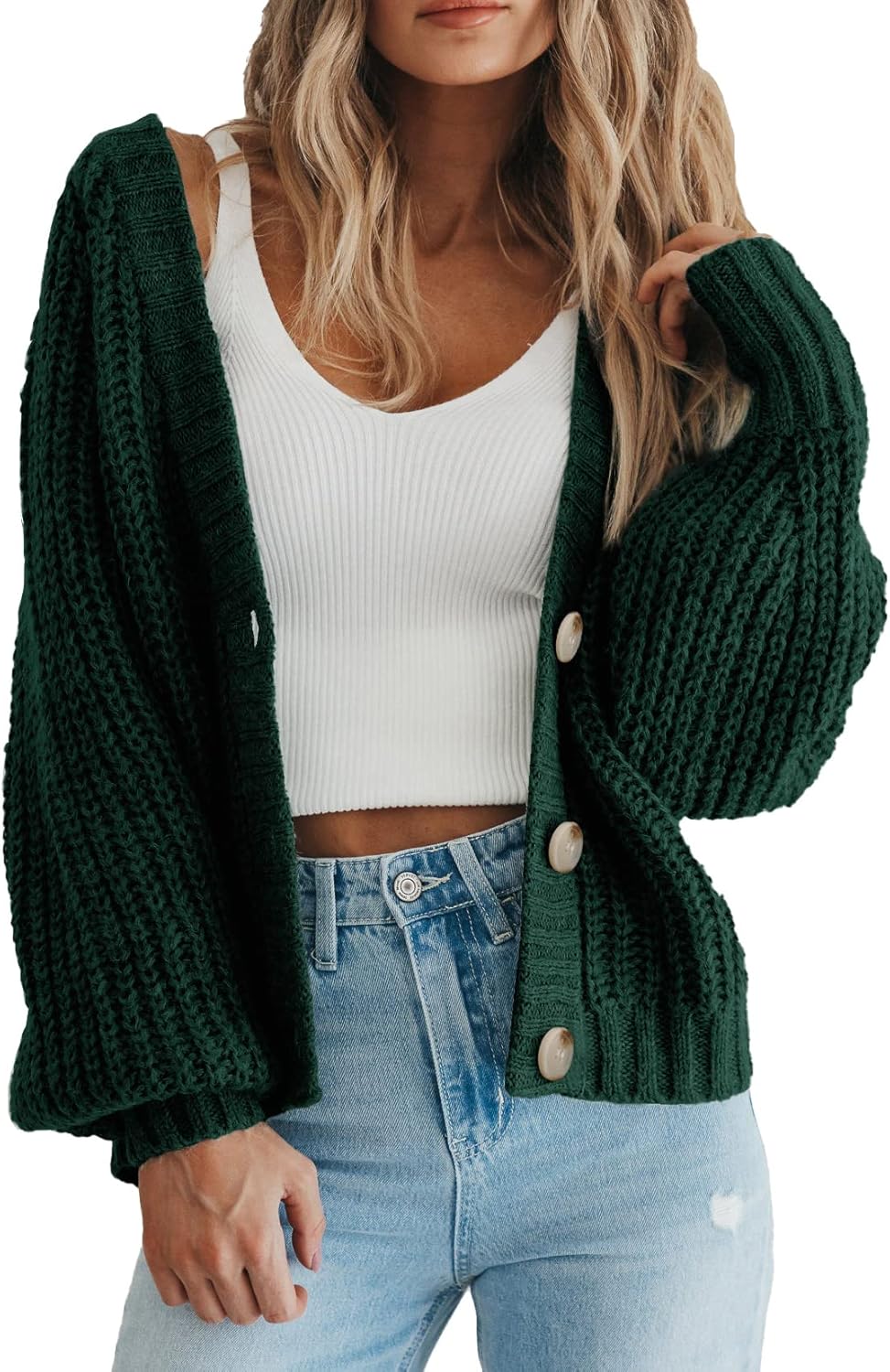 Women's Chunky Knit Cardigan Sweater Long Sleeve Button Loose Cardigan Jacket