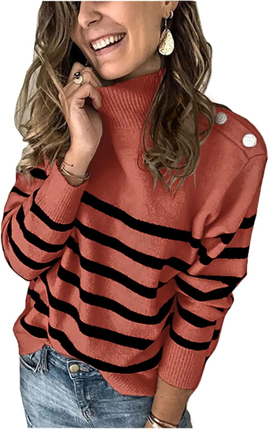 2025 Long Sleeve Metal Button Striped Turtleneck Sweater
