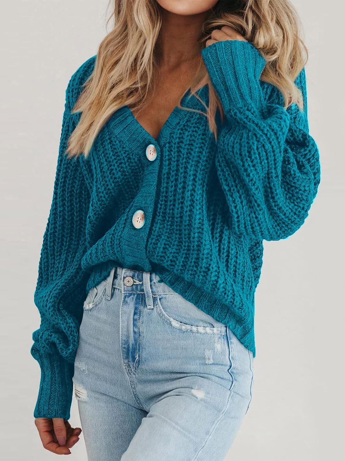 Women's Chunky Knit Cardigan Sweater Long Sleeve Button Loose Cardigan Jacket