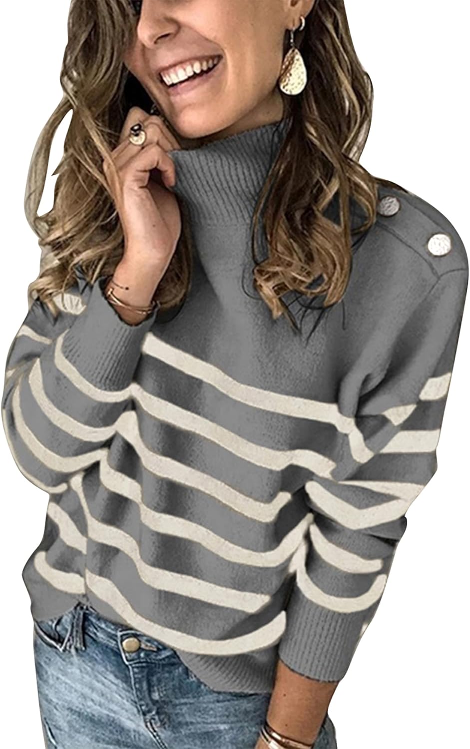 2025 Long Sleeve Metal Button Striped Turtleneck Sweater