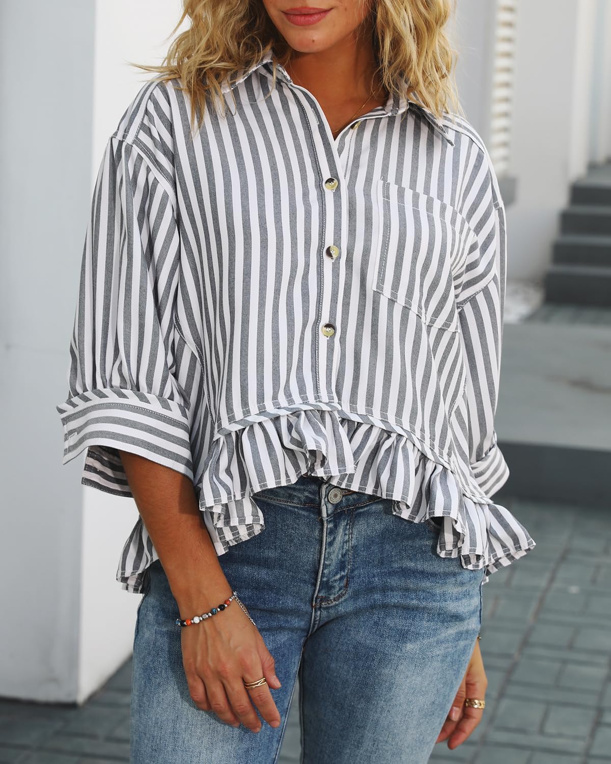Ruffled Short Sleeve Button Down Striped Shirt