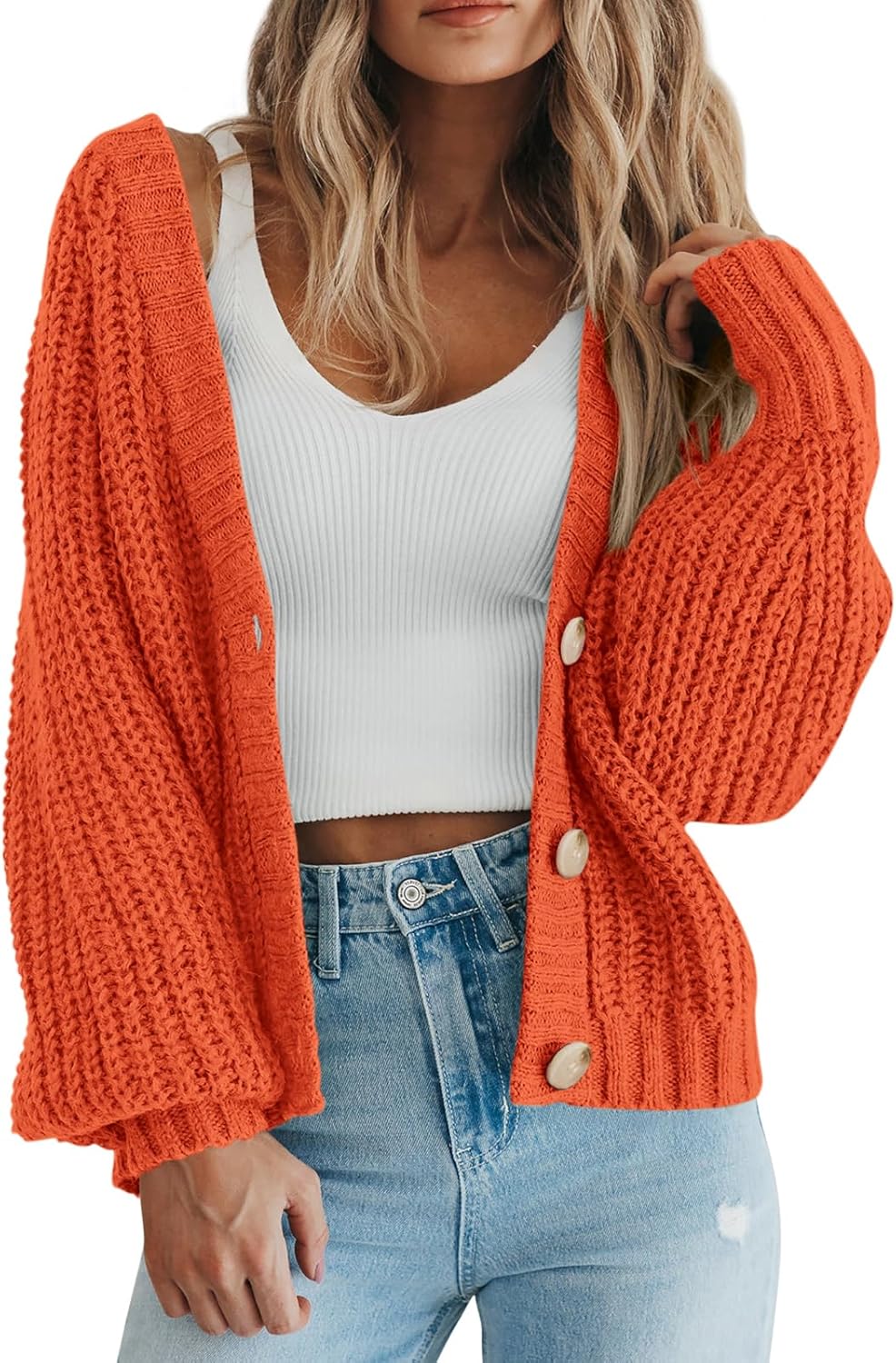 Women's Chunky Knit Cardigan Sweater Long Sleeve Button Loose Cardigan Jacket